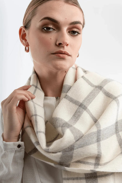 Elegant Luxury Undyed Alpaca Plaid Scarf showcasing its natural brushed texture and subtle plaid pattern, perfect for sophisticated winter fashion.