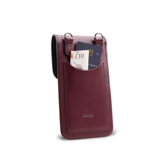 Chic adjustable crossbody strap of the luxurious marsala red leather mobile phone pouch, perfect for versatile wear and stylish functionality.