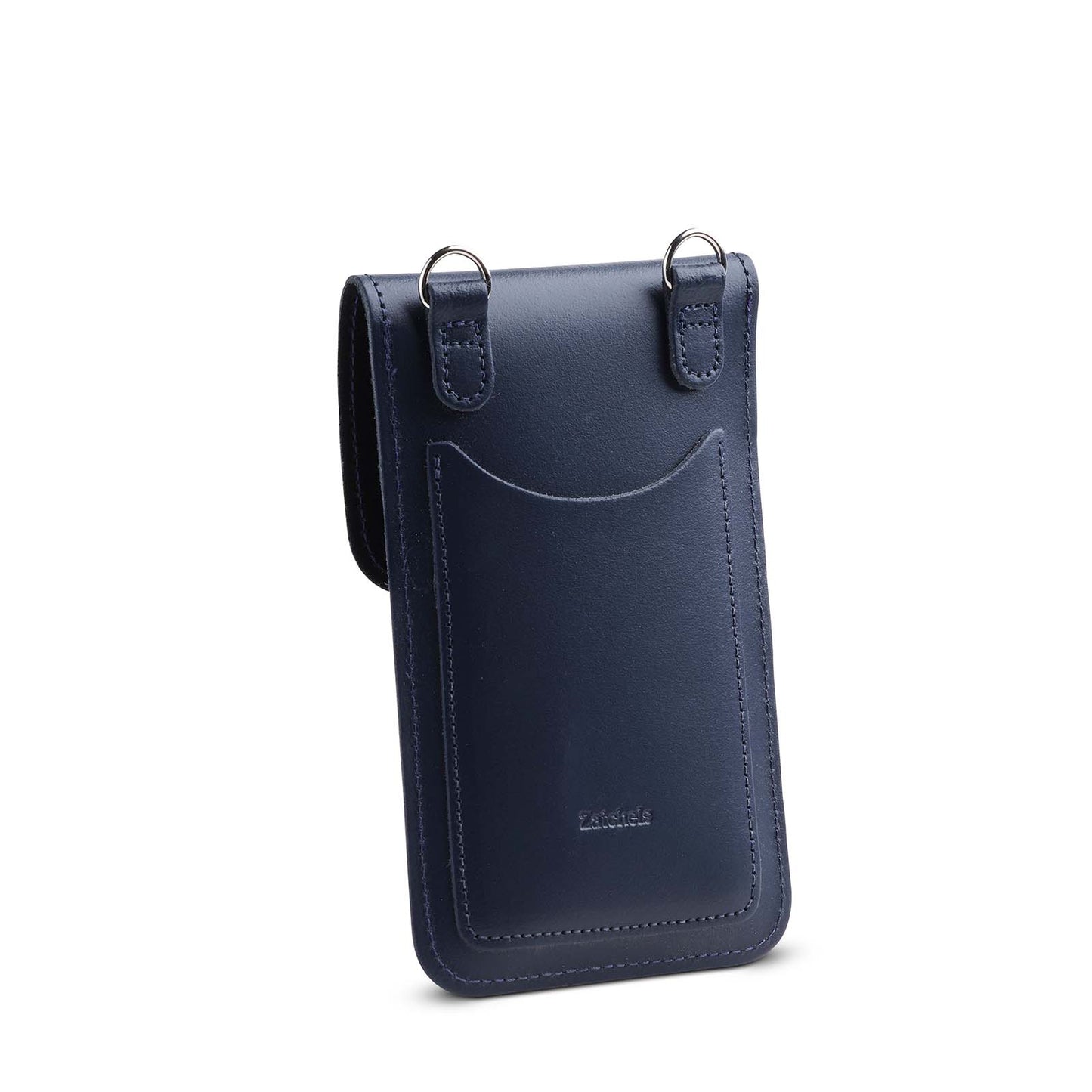 Close-up view of the Luxury Navy Blue Leather Mobile Phone Pouch, highlighting its sleek magnetic fastener and multiple pockets for organised storage.