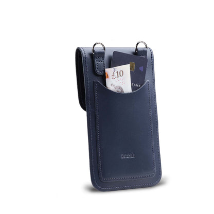 Elegant navy blue leather mobile phone pouch with multiple pockets, showcasing Satchals craftsmanship, perfect for storing essentials like cards and cash.