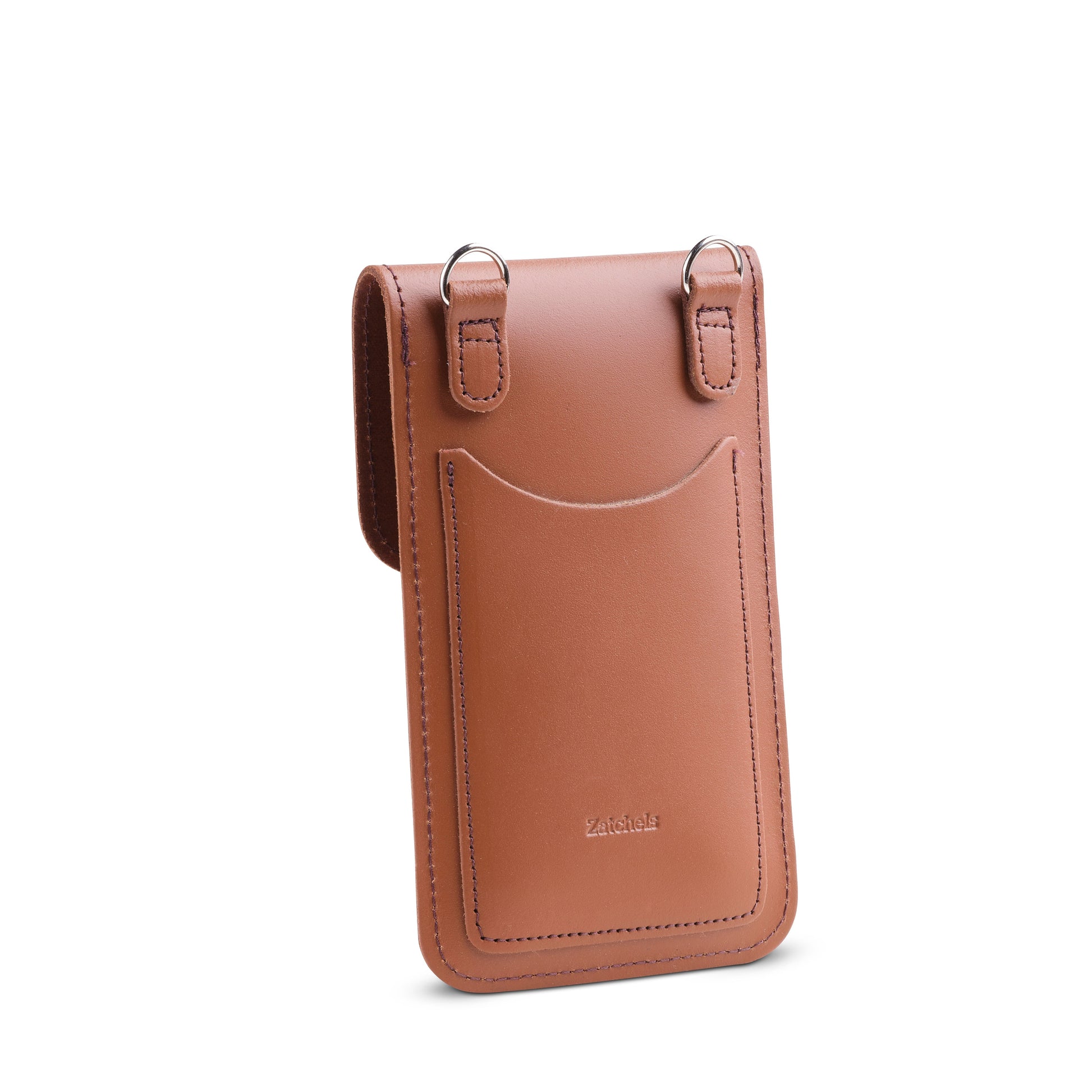 Zatchels Handmade Chestnut Leather Mobile Phone Pouch displaying elegant craftsmanship and luxurious texture, perfect for carrying mobile devices.