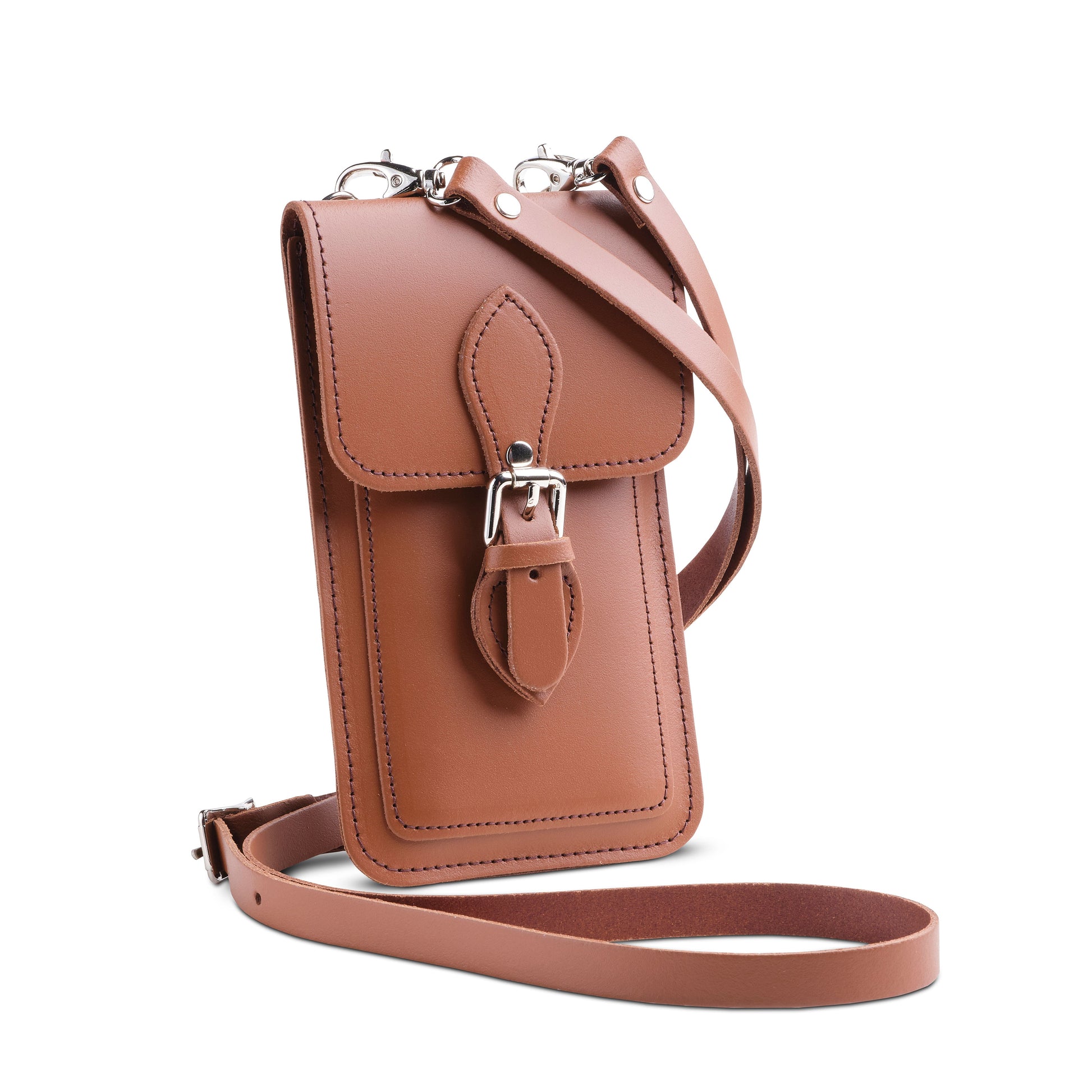 Elegant Zatchels Handmade Chestnut Leather Mobile Phone Pouch showcasing luxurious craftsmanship with adjustable crossbody strap for versatile styling.