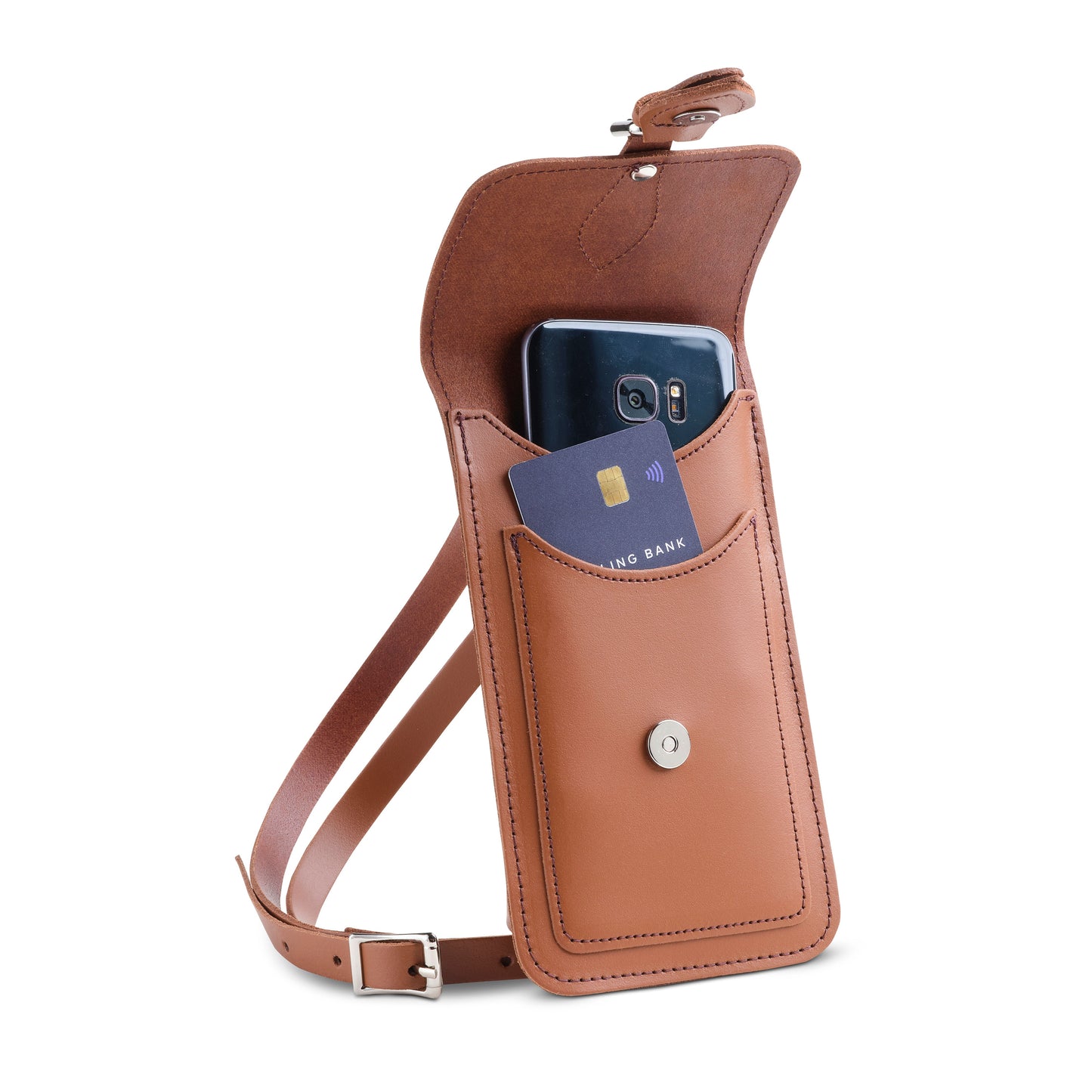 Zatchels Handmade Chestnut Leather Mobile Phone Pouch displayed with multiple internal pockets, emphasizing ample storage and functionality for everyday essentials.