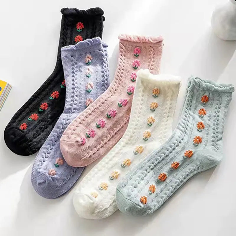 5 Pairs Women's Vintage Flower Embroidery Socks