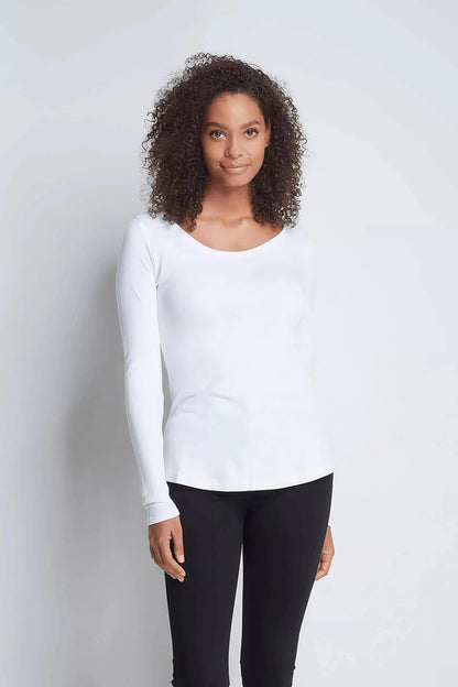 Elegant Women's Long Sleeve Scoop Neck T-Shirt in soft cotton-modal blend, showcased on a model, exuding luxury and comfort.