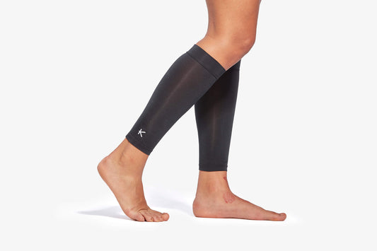 Close-up view of KYMIRA Infrared Pro Calf Sleeves showcasing premium fabric and flatlock seams for maximum comfort.
