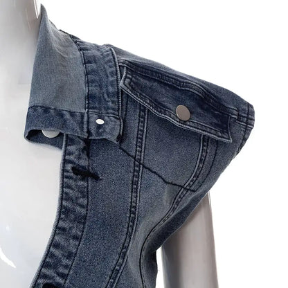 Close-up of the Chloe Women's Denim Skirt Set showcasing the stylish shoulder design and premium denim fabric, capturing effortless style and flattering silhouette.