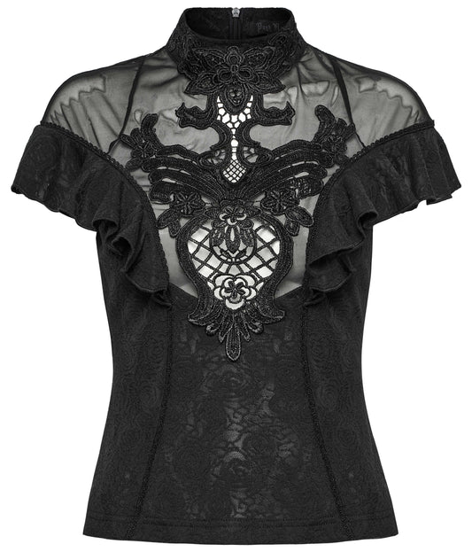 Punk Rave Gothic Applique Top showcasing exquisite lace back and intricate rose-patterned knit fabric, perfect for fashion-forward individuals.