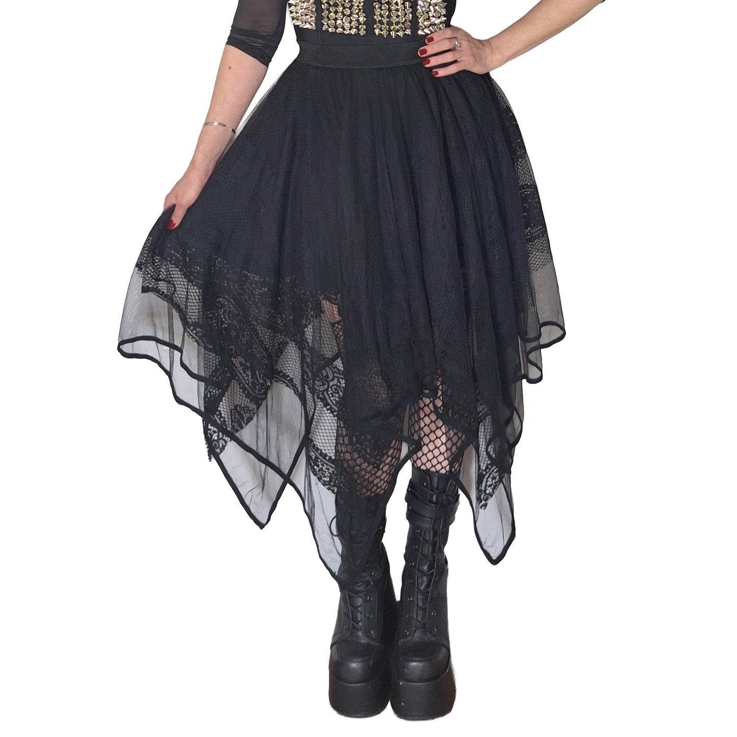 Punk Rave Caitlyn Handkerchief Skirt in Mesh & Lace - Gothic Elegance with Embroidered Waist