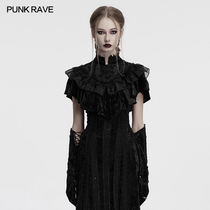 Elegant Punk Rave Elysia Black Velvet Ruffle Goth Shawl featuring luxurious lace collar and ornate rose buckle closure, perfect for enhancing gothic and Victorian-inspired outfits.