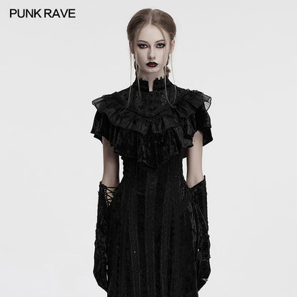 Elegant Punk Rave Elysia Black Velvet Ruffle Goth Shawl featuring luxurious lace collar and ornate rose buckle closure, perfect for enhancing gothic and Victorian-inspired outfits.