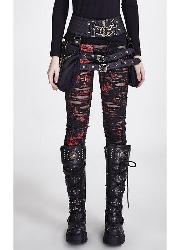 Punk Rave Lara Gothalyptic Black Mesh Distressed Leggings with Red Splatter - Size Up Recommended