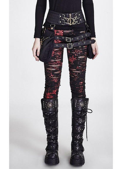 Punk Rave Lara Gothalyptic Black Mesh Distressed Leggings with Red Splatter - Size Up Recommended