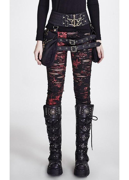Punk Rave Lara Gothalyptic Black Mesh Distressed Leggings with Red Splatter - Size Up Recommended