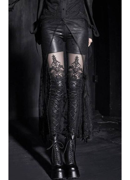 Elegantly designed Punk Rave Macbeth Gothic Leggings featuring embroidered mesh panels and corset lace detail, showcasing a sophisticated gothic style for modern fashion enthusiasts.