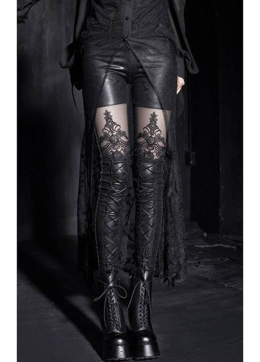 Elegantly designed Punk Rave Macbeth Gothic Leggings featuring embroidered mesh panels and corset lace detail, showcasing a sophisticated gothic style for modern fashion enthusiasts.