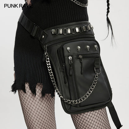 Punk Rave Cyberpunk Waist-Leg Bag featuring striking metal skull rivets and an adjustable chain detail, perfect for enhancing your edgy fashion aesthetic.
