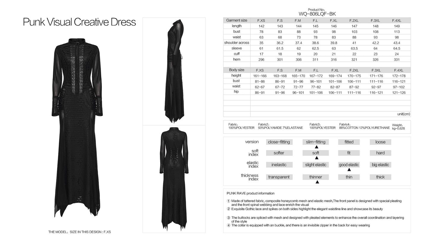 Elegant black maxi dress featuring intricate lace details and pleating for a luxurious gothic style.