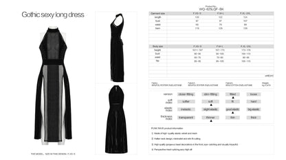 Elegant Punk Rave Selene black velvet mesh goth dress featuring a high slit, halter neck design, and intricate bead embellishments.