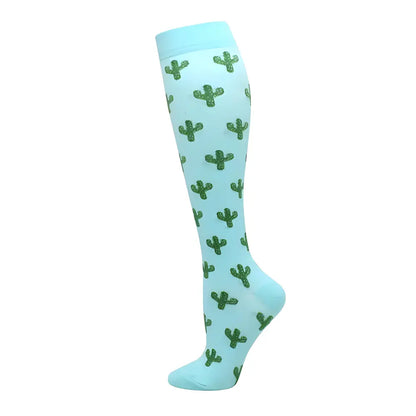 Women's Knee Length Compression Travel Socks adorned with a trendy cactus print, blending unique style with comfort and improved circulation.