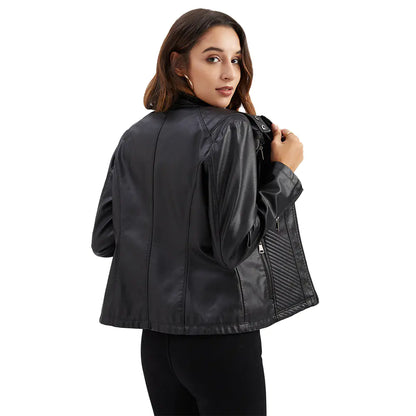 Luxury Women's Casual Leather Jacket on a model – Showcasing the tailored cut of this stylish leather jacket.