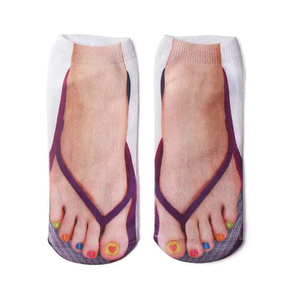 Elegant Women's Novelty Gift Super Comfy Manicure Print Socks with intricate purple flip-flop design and colourful toenails, elevating your sock collection.