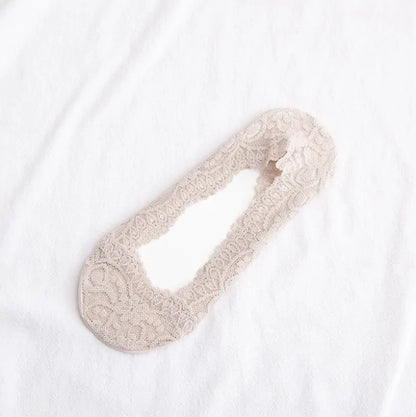 Premium no show lace socks by Dazzling Dreams Studio, featuring non-slip silicone grip technology for all day comfort and sophistication.