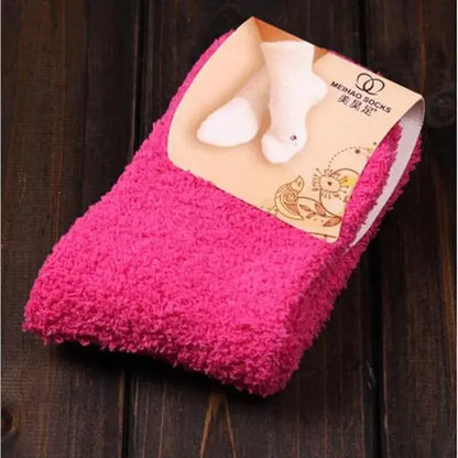 Stylish Women's Bed Socks in a rich magenta color, featuring a fluffy coral fleece velvet material, ideal for adding a touch of elegance to your winter wear.