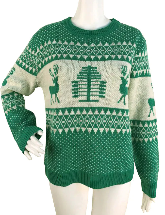 Stylish Christmas Reindeer Sweater in vibrant green, featuring charming reindeer patterns, ideal for festive celebrations.