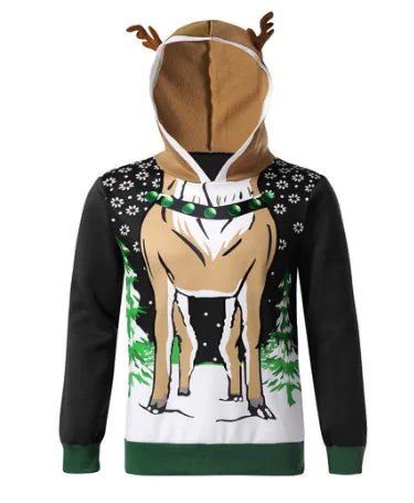 Versatile Reindeer Hoodie with a modern design, suitable for Christmas parties and casual outings, in soft polyester fabric.