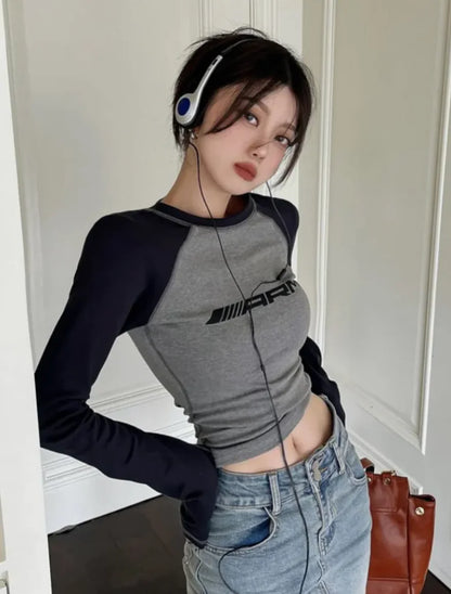 Luxurious Women's Grey Black Contrast Color Slim Long Sleeve Tee by Dazzling Dreams Studio, showcasing sophisticated design and trendy fit.