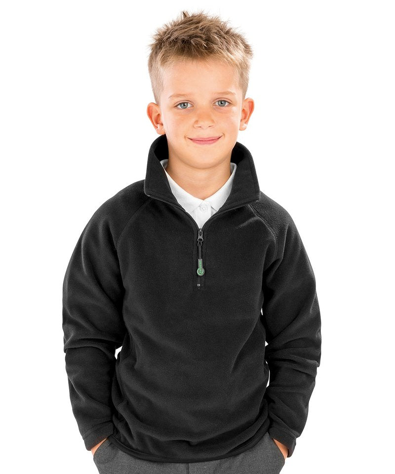 Eco-friendly recycled polyester kids microfleece top featuring a quarter zip design, showcasing its soft texture and comfort, perfect for sustainable schoolwear.