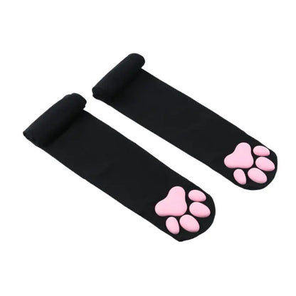 Playful Lolita 3D Cat Claw Sexy Compression Stockings for Women, in chic black featuring exquisite pink cat paw design, a luxurious accessory for any outfit.