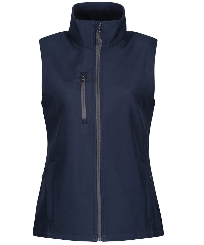 Luxury women's recycled insulated bodywarmer in softshell fabric, showcasing water-repellent and wind-resistant properties with multiple secure zipped pockets for added functionality.