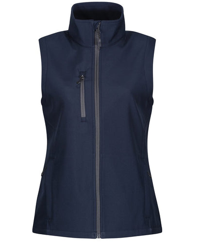 Luxury women's recycled insulated bodywarmer in softshell fabric, showcasing water-repellent and wind-resistant properties with multiple secure zipped pockets for added functionality.