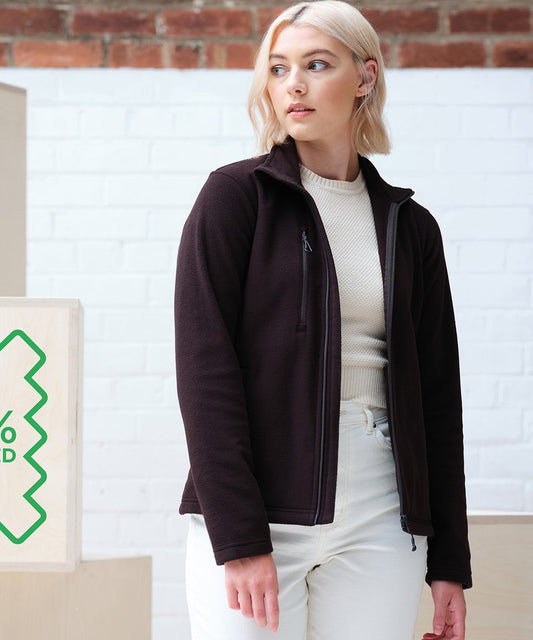 Womens recycled full zip fleece jacket in luxurious soft fabric, showcasing zipped pockets for essentials, designed by Earth Wardrobe.