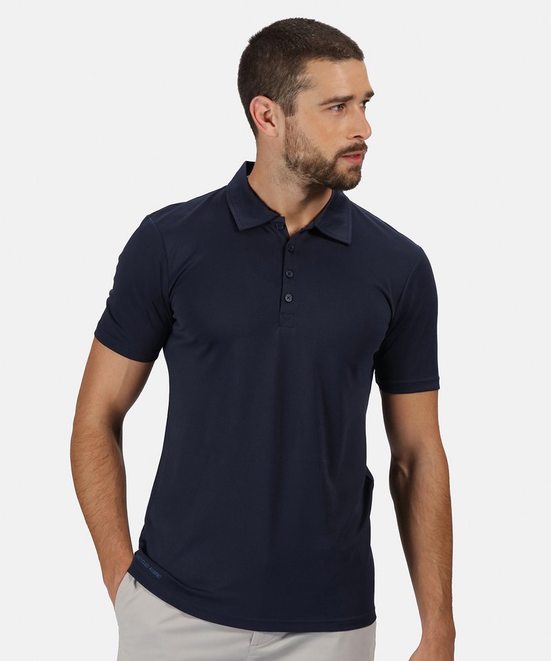Luxury men's polo shirt made from recycled polyester, offering breathability and an antibacterial finish, available in sizes XS to 3XL.
