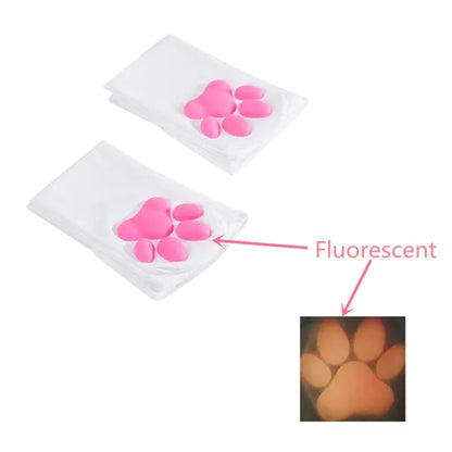 Playful Lolita 3D Cat Claw Sexy Compression Stockings for Women - Luxurious white stockings adorned with a vibrant pink cat paw detail, enhanced with a fluorescent feature.