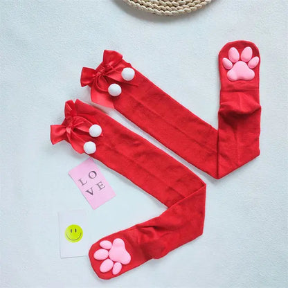 Charming red Playful Lolita 3D Cat Claw Compression Stockings for Women, adorned with cute bows and playful cat paw details, perfect for a stylish statement.