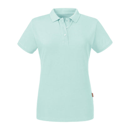Size guide for ladies' organic cotton polo shirt, displaying various sizes from XS to 2XL.