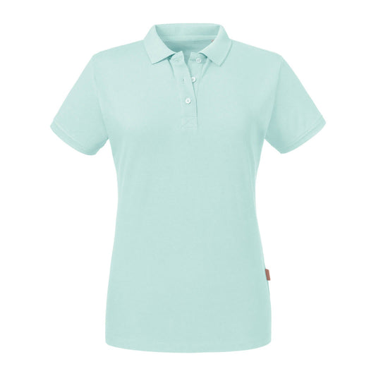 Size guide for ladies' organic cotton polo shirt, displaying various sizes from XS to 2XL.