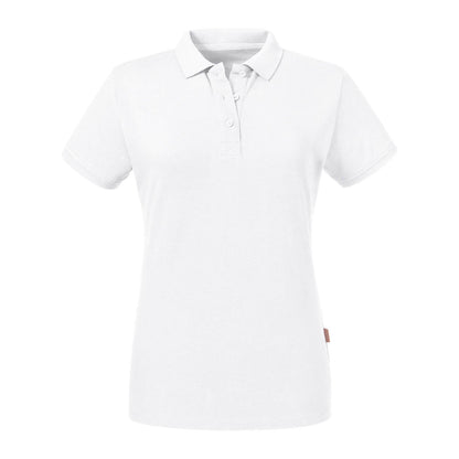 Detailed size guide for ladies' organic cotton polo shirt, highlighting measurements for a perfect luxury fit.