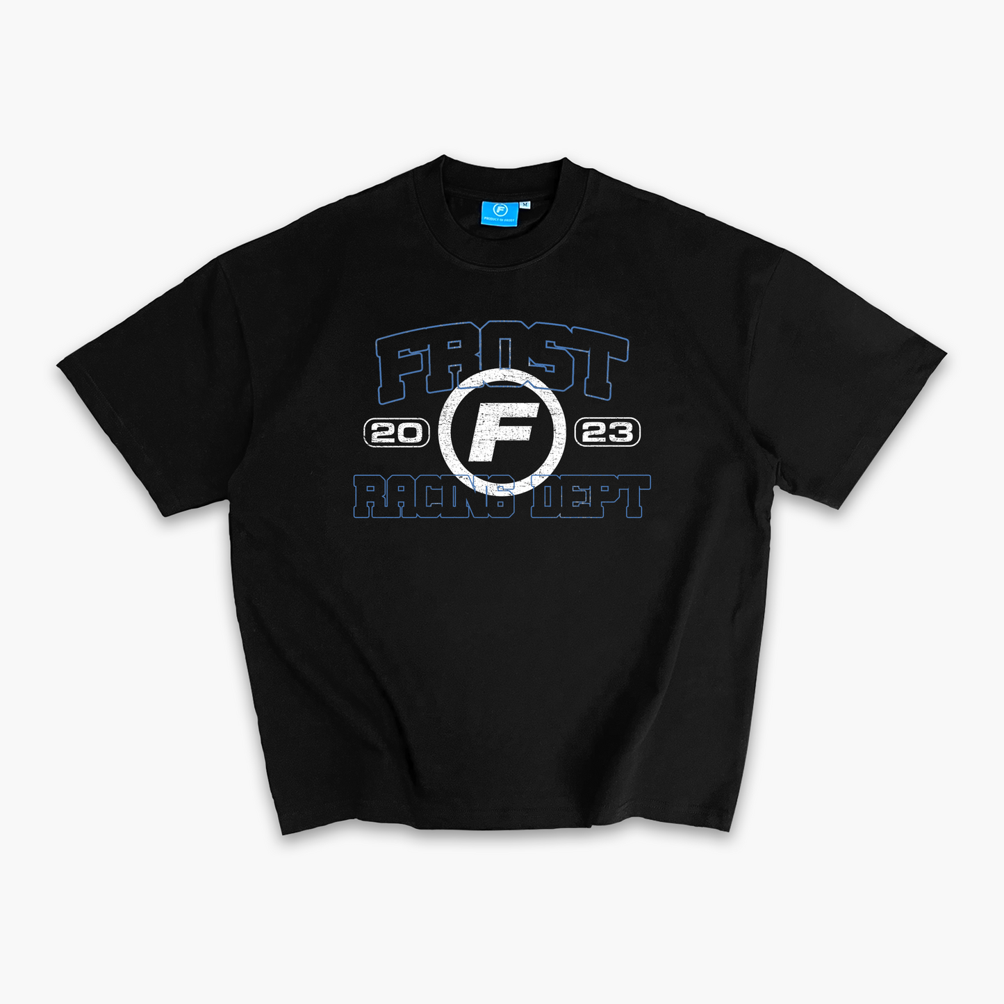 FROST Racing Department oversized black T-shirt, crafted from premium 305GSM cotton, showcasing vintage motorsport-inspired design with a structured silhouette.