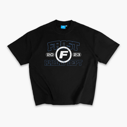 FROST Racing Department oversized black T-shirt, crafted from premium 305GSM cotton, showcasing vintage motorsport-inspired design with a structured silhouette.