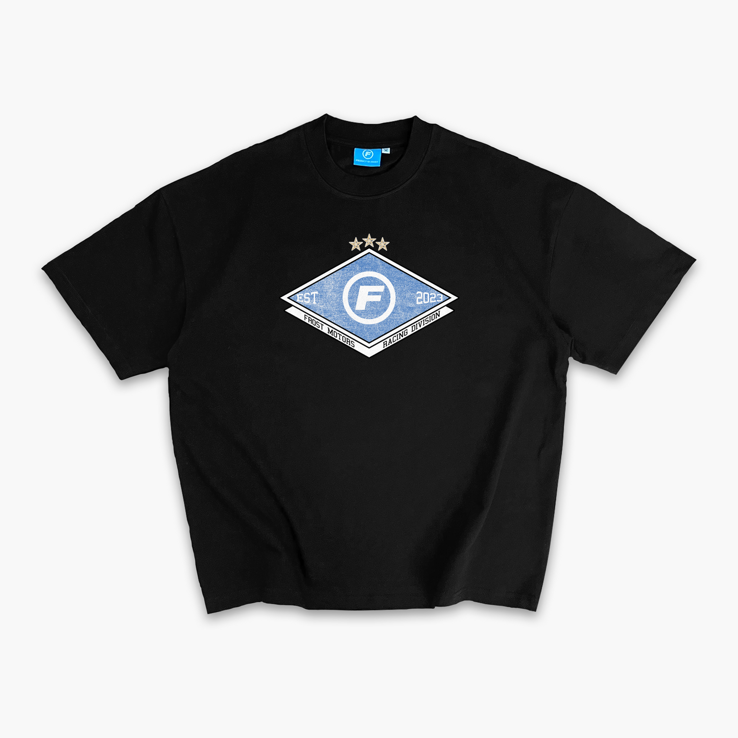 FROST Racing Division Tee in jet black, showcasing a vintage motorsport design and oversized boxy fit, crafted from premium 305GSM cotton with a high-quality hand-feel.