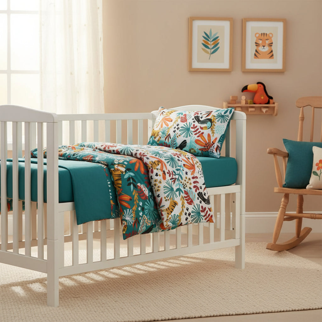 FORREST 3 Piece Reversible Cot Bed Set – Organic Cotton Baby Bedding - Rainforest