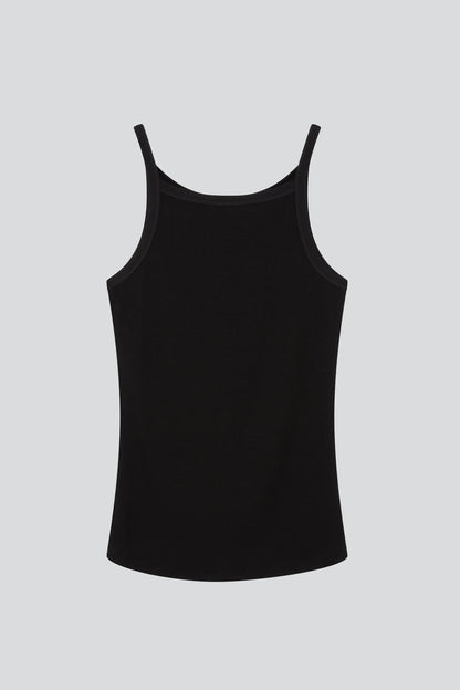 Sustainably crafted high neck tank top for women, featuring a ribbed design and available in sizes 8-16.