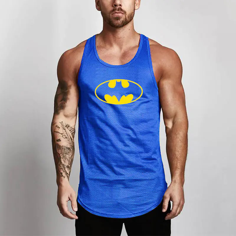 Elegant men's BATMAN performance mesh workout tank top in bold blue, adorned with the classic yellow BATMAN emblem, designed for the fashion-forward athlete.