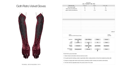 Detailed view of the pointed cuffs of Punk Rave Selene crimson velvet gloves, showcasing their luxurious design suitable for evening wear.