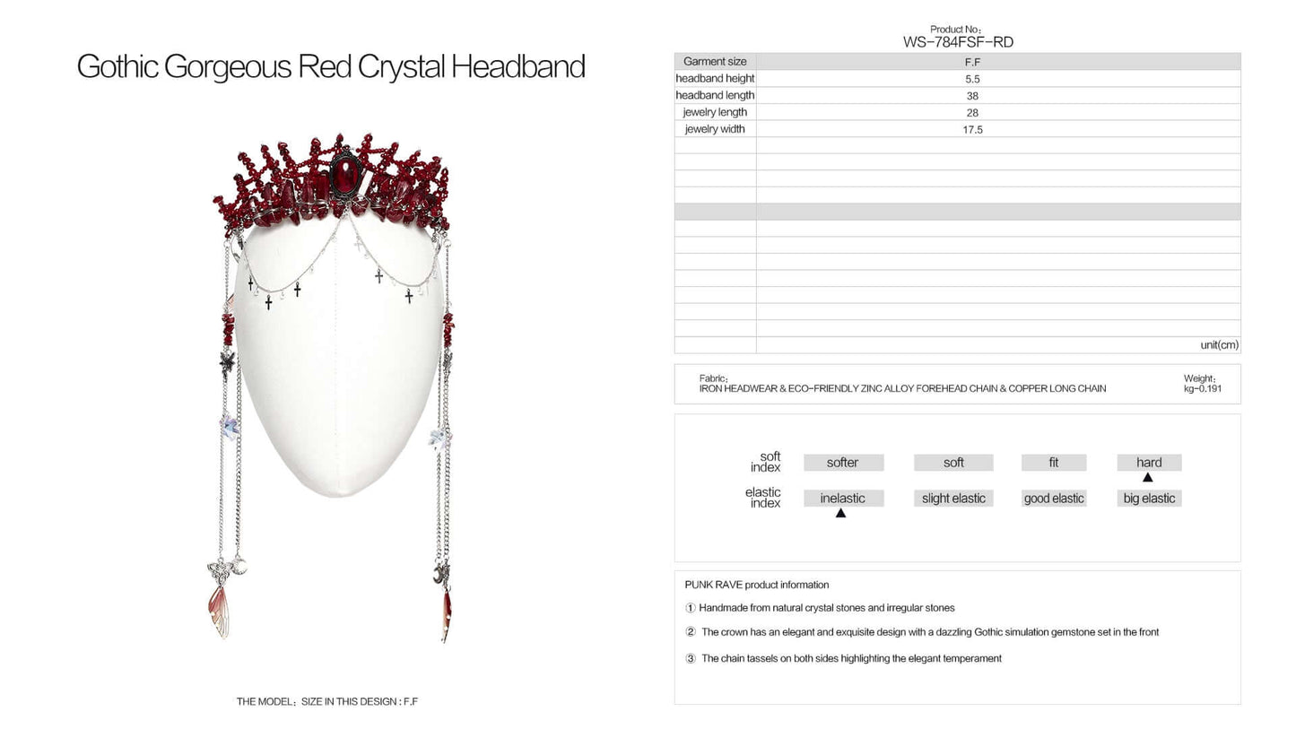 The Punk Rave Effie Headband displayed against a dark backdrop, highlighting the bright red crystals and striking gothic elements for dramatic effect.